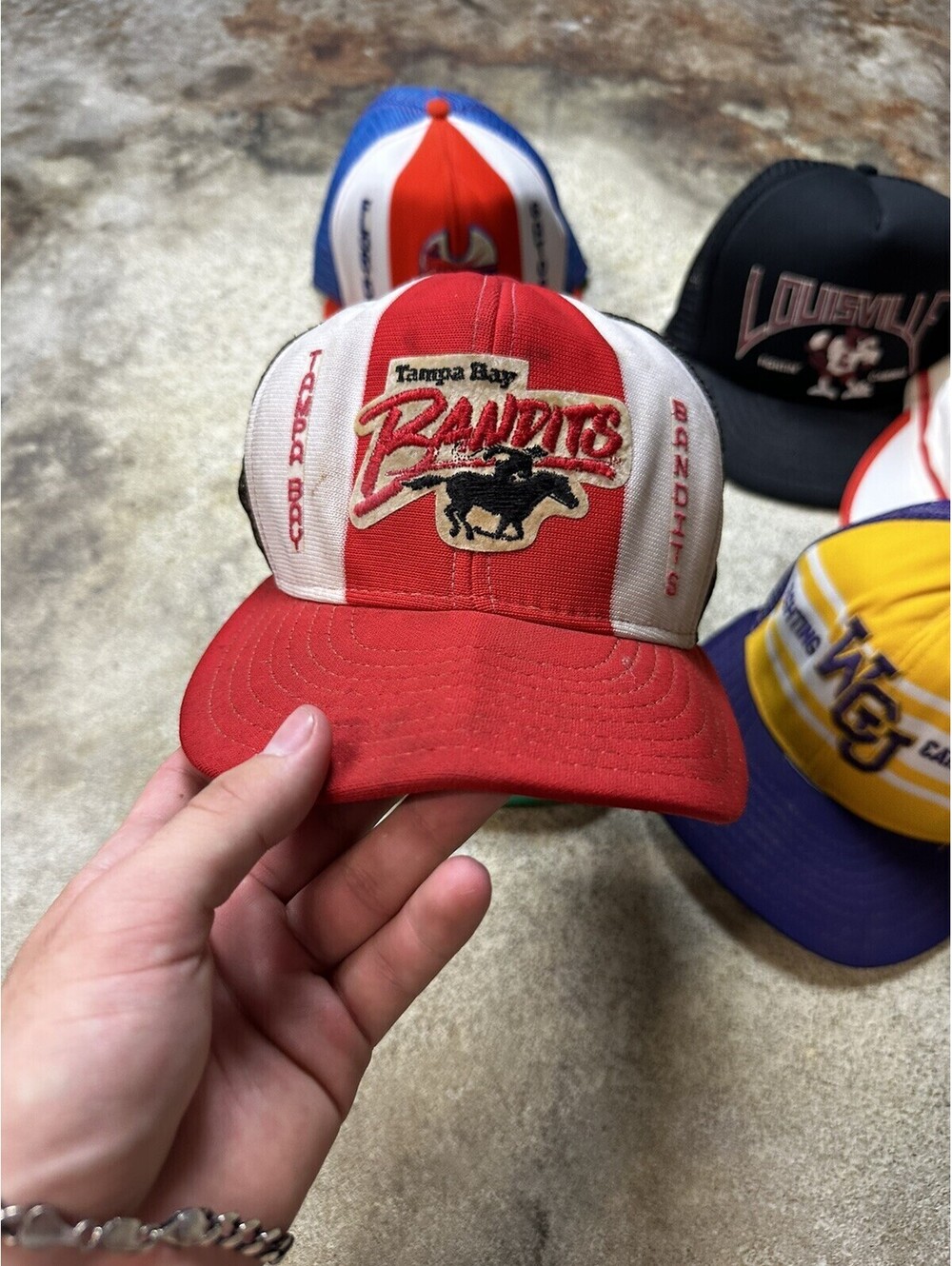 Vintage 80s Sports AJD Hat Cap Super Stripe Mesh Snapback Hat Cap LOT OF 7 - Picture 4 of 15